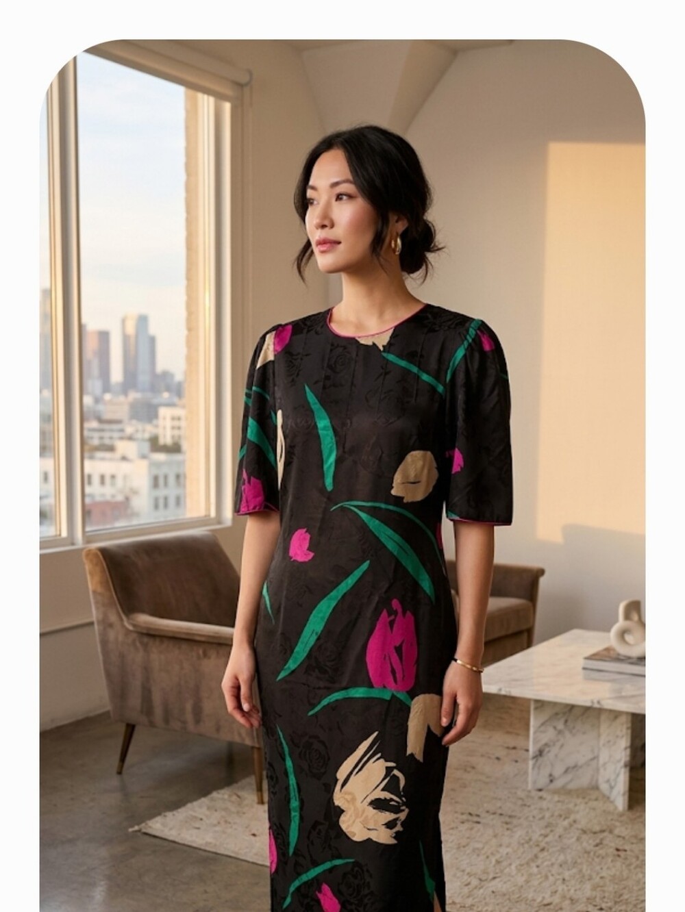 Vtg Flora Kung Black Floral Silk   Dress with Pink & Cream Tulips